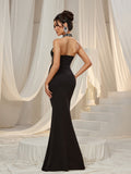 Stylish Rhinestone Detail Halter Neck Mermaid Hem Evening Dress