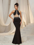 Stylish Rhinestone Detail Halter Neck Mermaid Hem Evening Dress