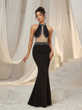 Stylish Rhinestone Detail Halter Neck Mermaid Hem Evening Dress