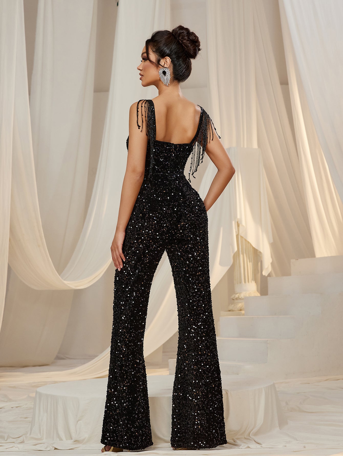 Elegant Sweetheart Neck Fringed Detail Sequin Party Jumpsuit