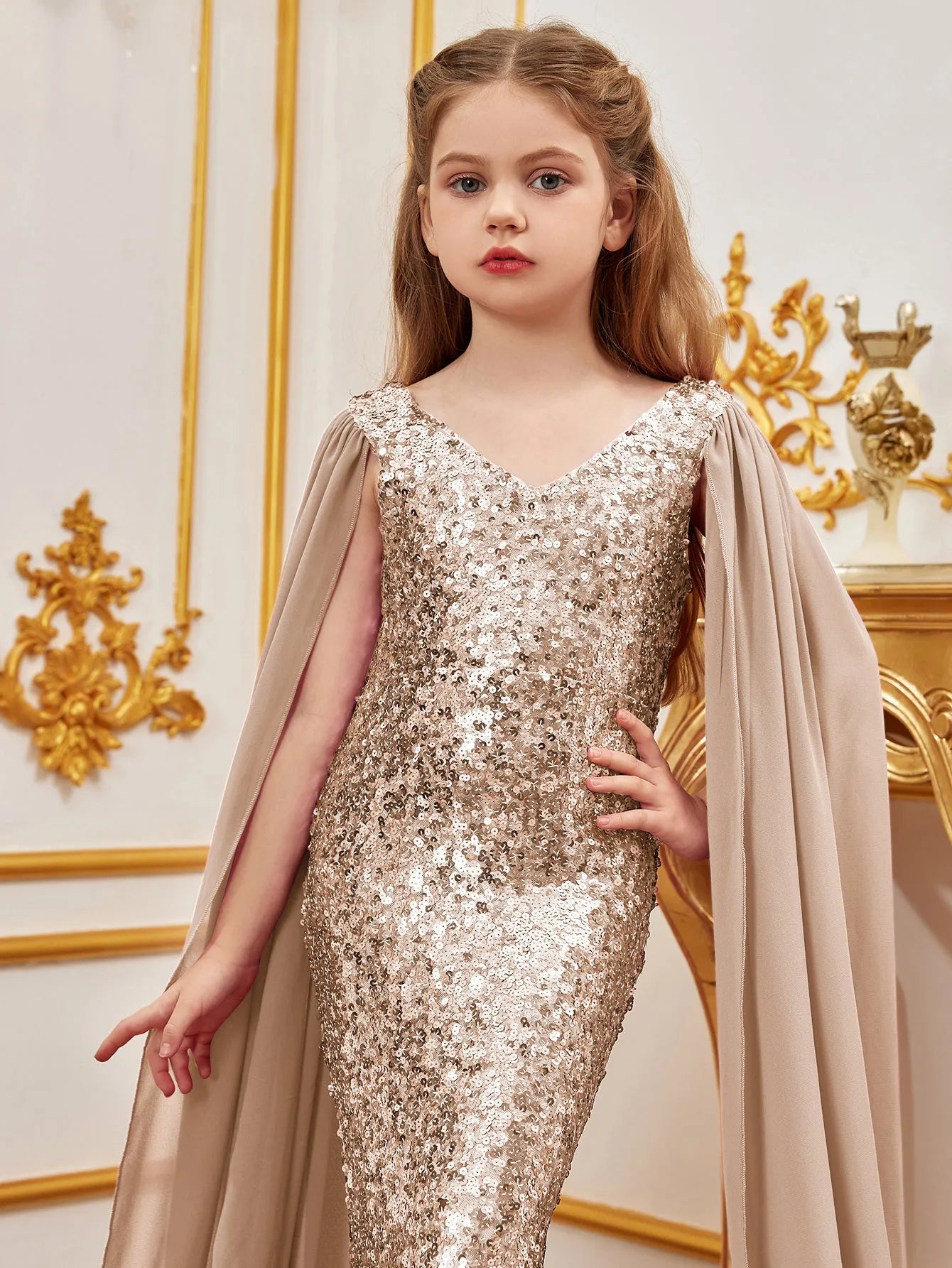 Tween Girls' V Neck Cloak Sleeves Sequin Mermaid Party Dress