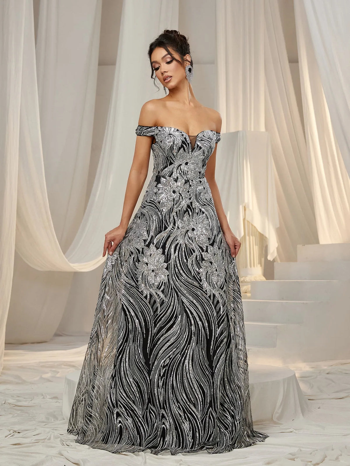 Elegant Off Shoulder Graphic Sequin Formal Prom Dress Evening Dress