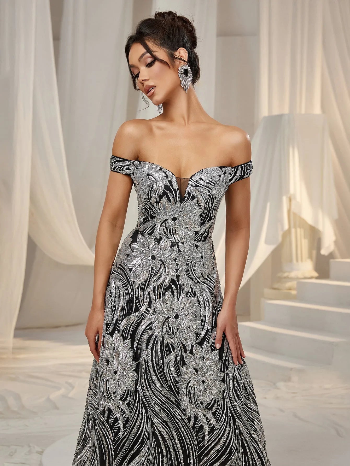 Elegant Off Shoulder Graphic Sequin Formal Prom Dress Evening Dress