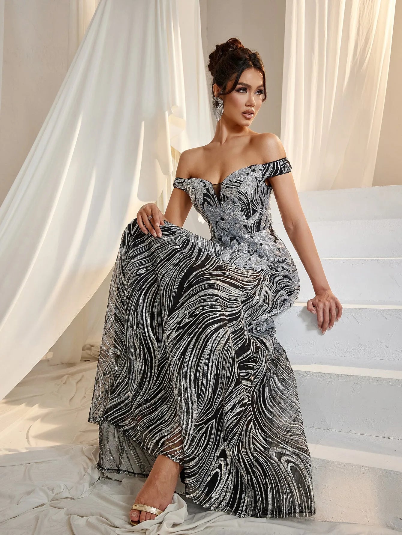 Elegant Off Shoulder Graphic Sequin Formal Prom Dress Evening Dress