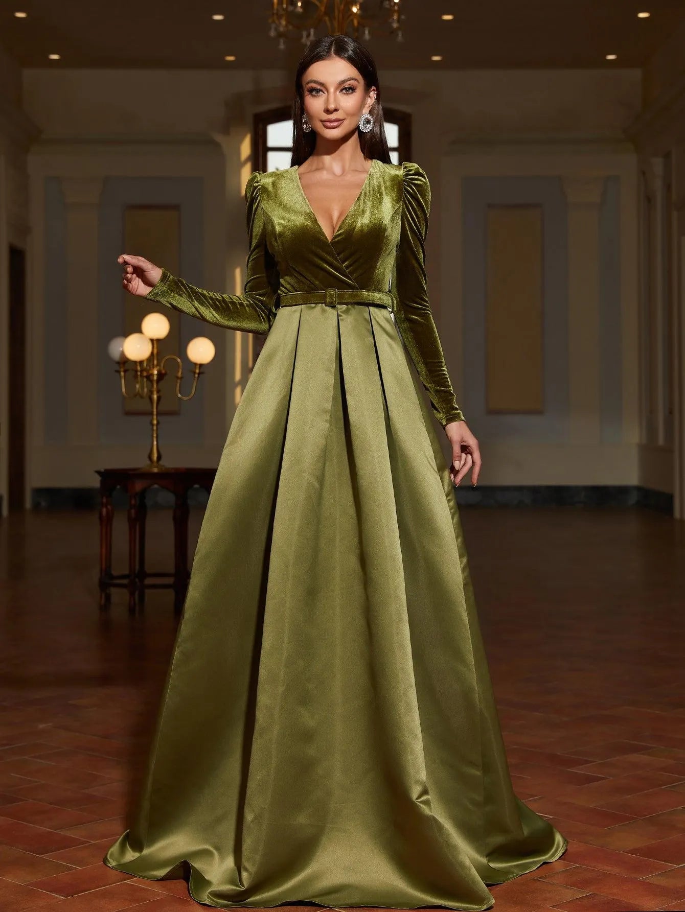 Surplice Neck Long Sleeves Belted Satin A Line Dress - Elonnashop