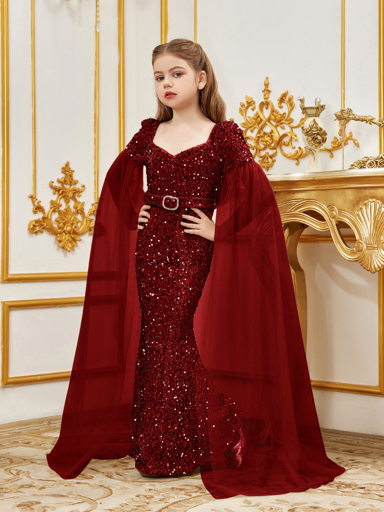 Tween Girls' SSweetheart Neck Cloak Sleeves Sequin Belted Party Dress