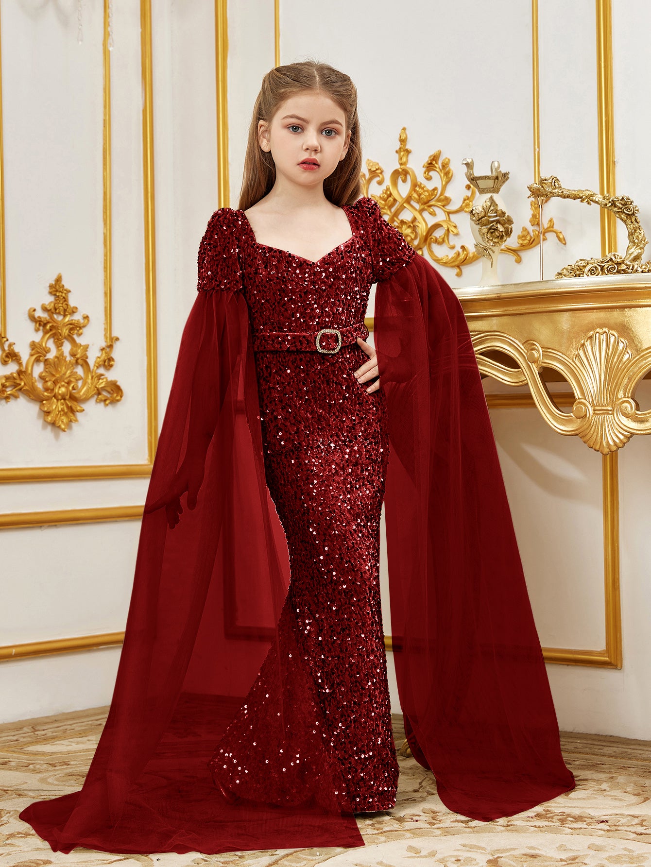 Tween Girls' SSweetheart Neck Cloak Sleeves Sequin Belted Party Dress