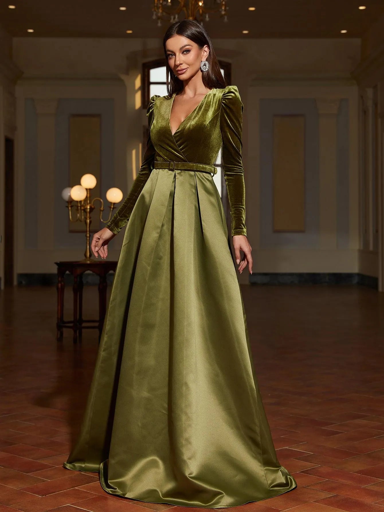 Surplice Neck Long Sleeves Belted Satin A Line Dress - Elonnashop