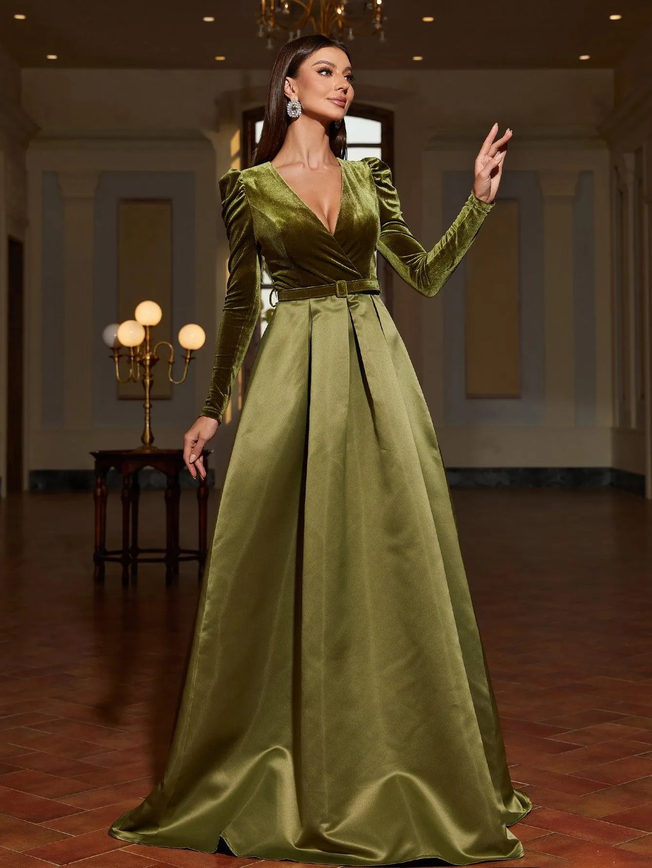 Surplice Neck Long Sleeves Belted Satin A Line Dress - Elonnashop