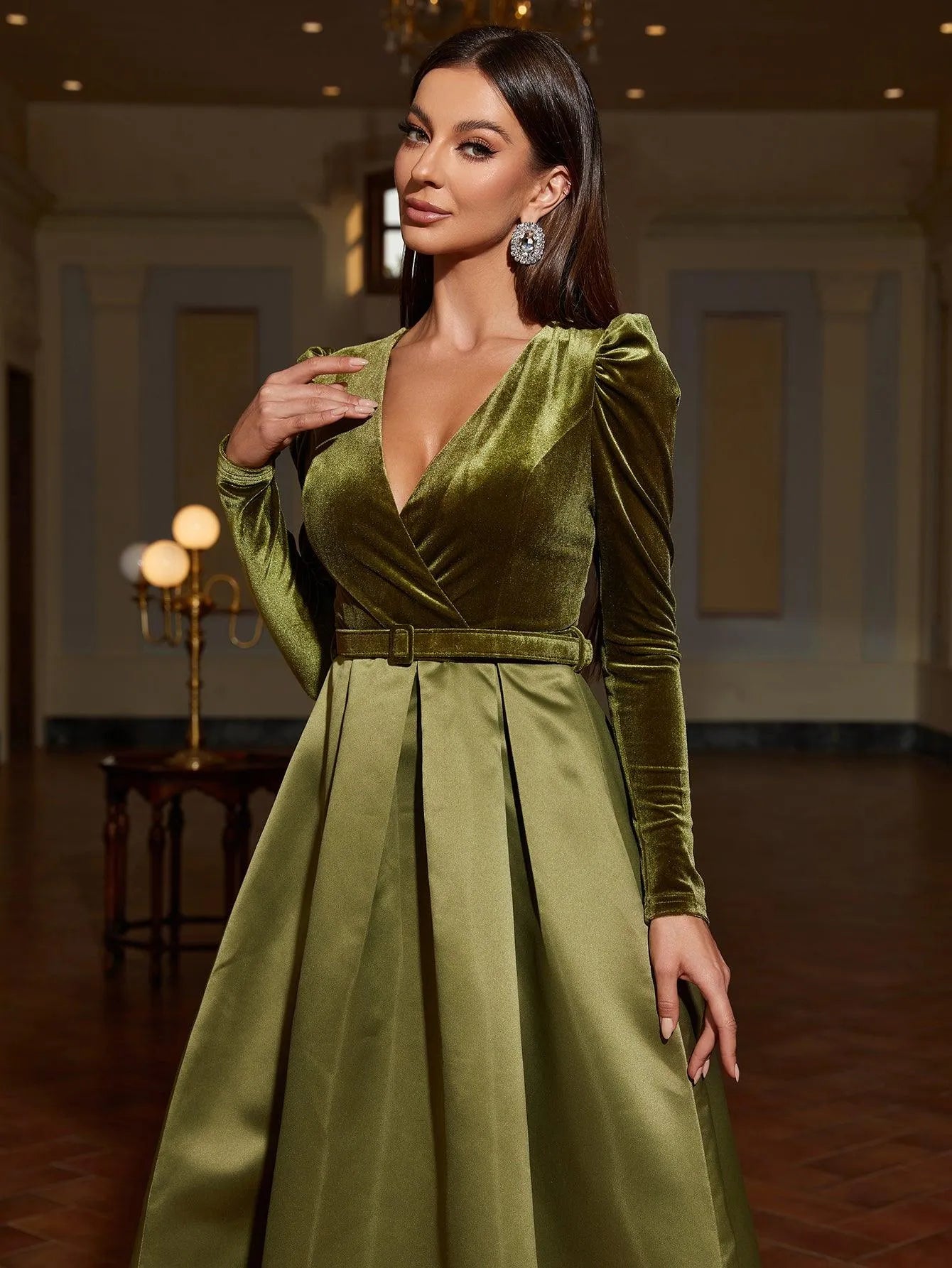 Surplice Neck Long Sleeves Belted Satin A Line Dress - Elonnashop