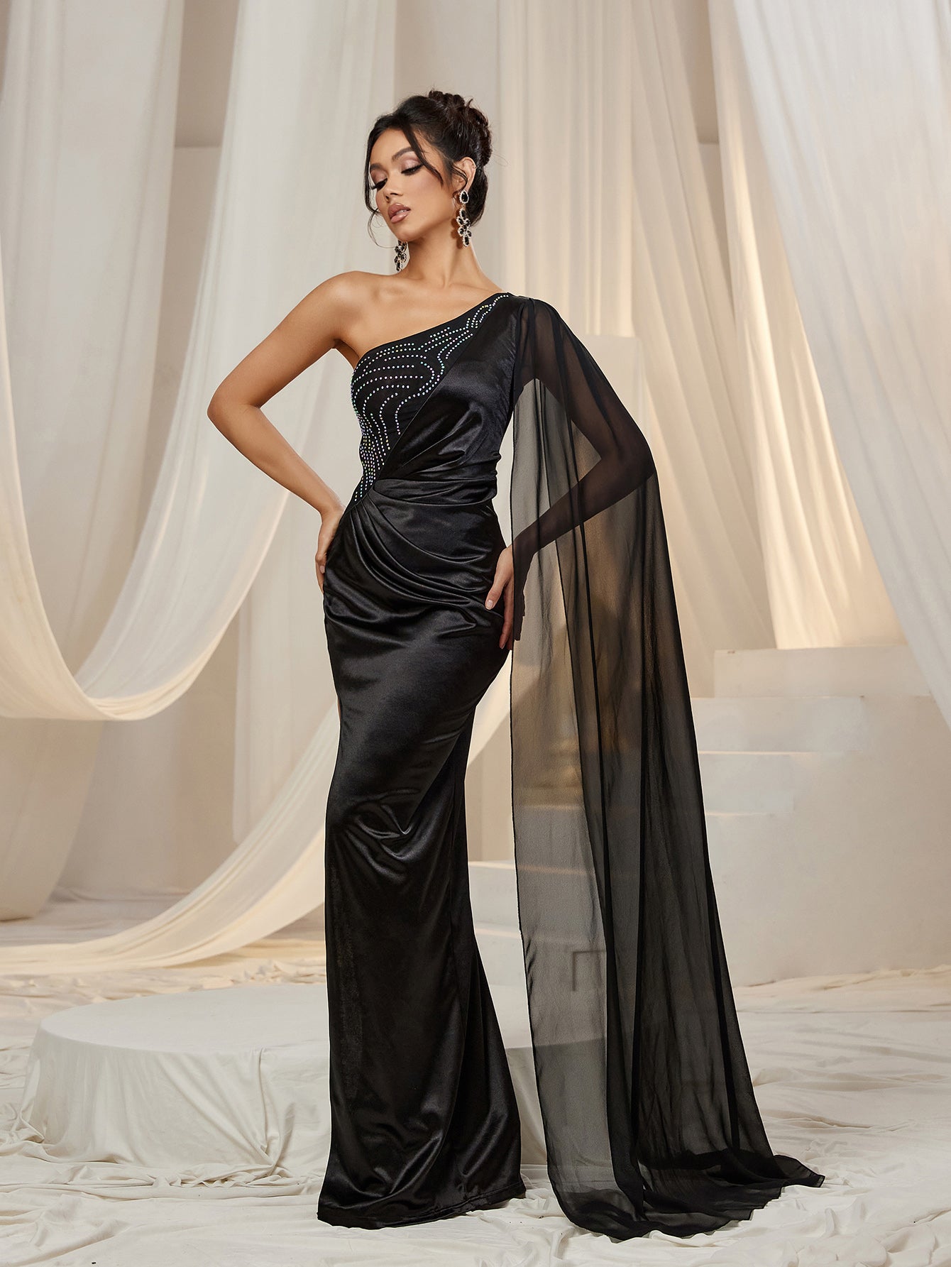 Elegant Rhinestone Detail One Shoulder Draped Side Slit Satin Dress