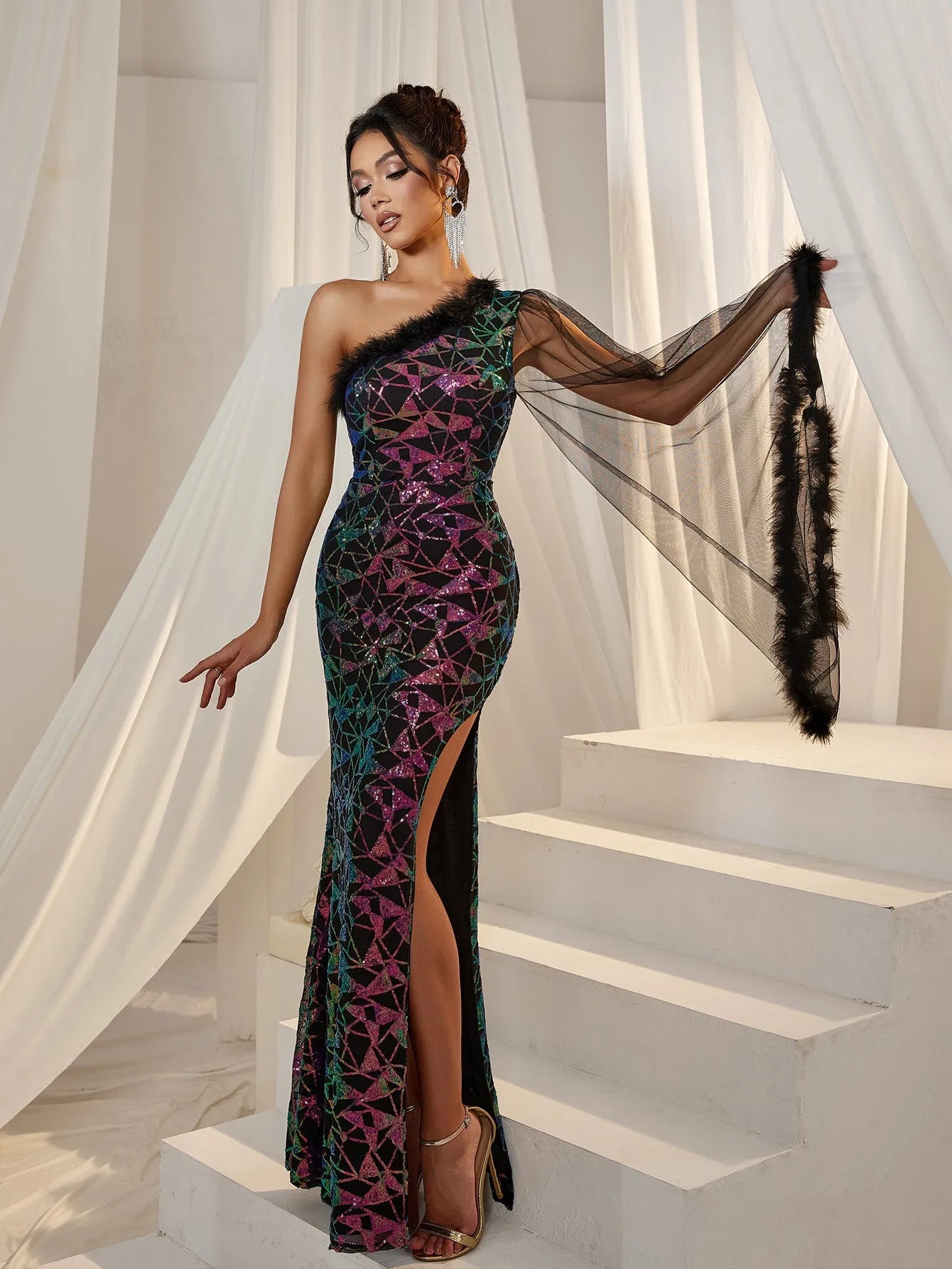 Elegant Sloping Neck Single Tulle Sleeve Graphic Sequin Formal Dress