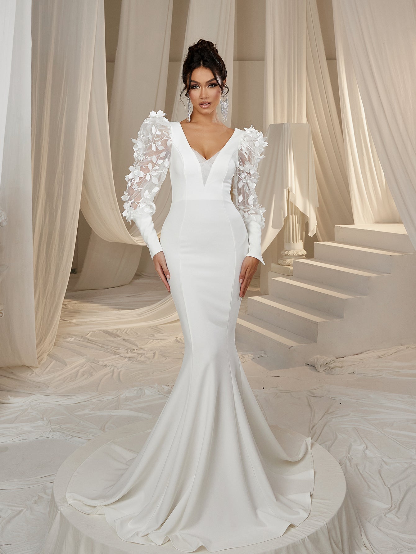 Elegant Backless Applique Bishop Sleeves Mermaid Hem Evening Dress Wedding Dress