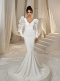 Elegant Backless Applique Bishop Sleeves Mermaid Hem Evening Dress Wedding Dress