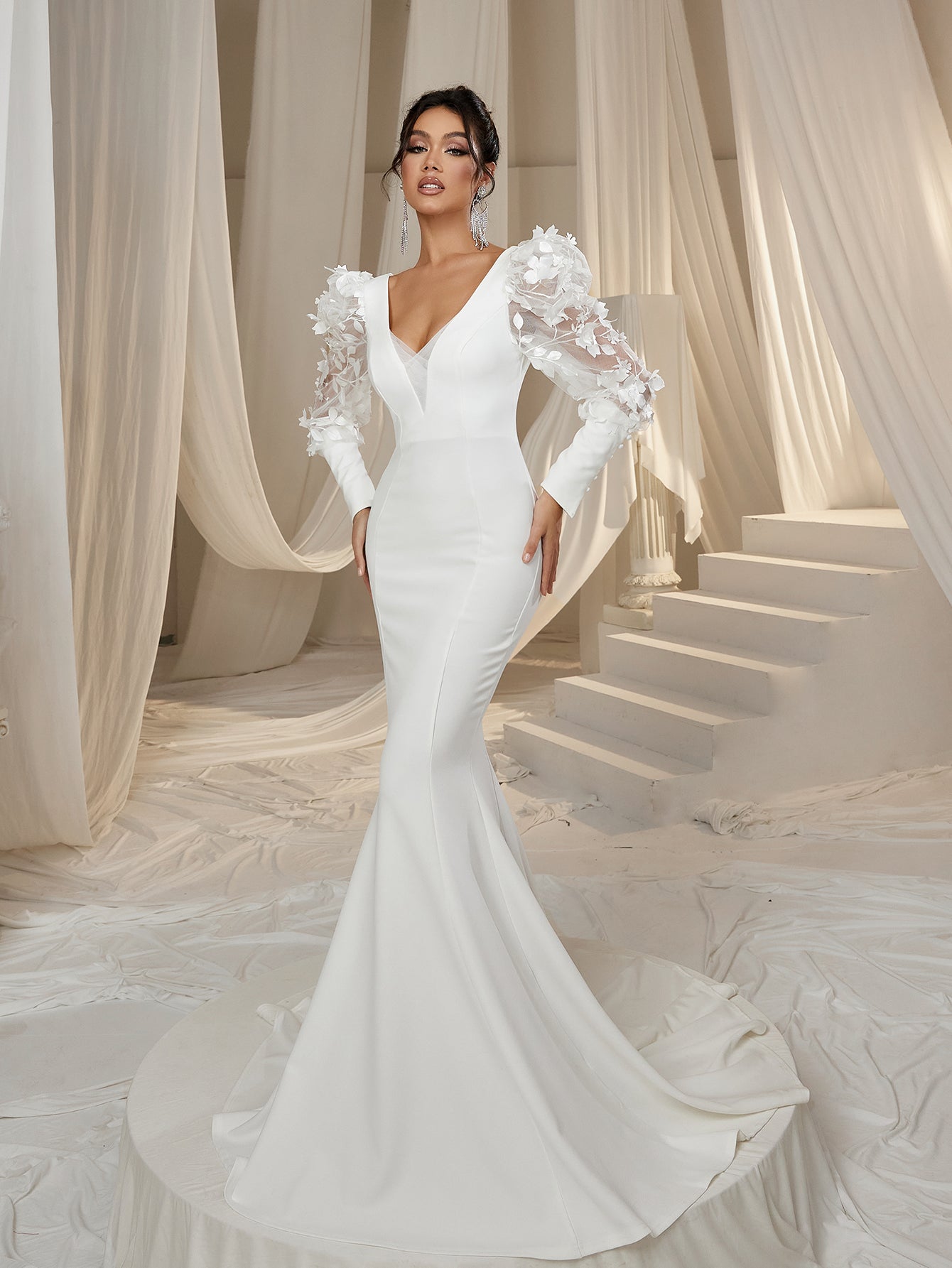 Elegant Backless Applique Bishop Sleeves Mermaid Hem Evening Dress Wedding Dress