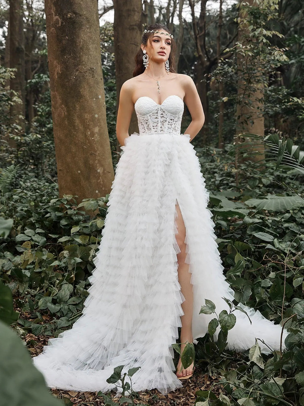 Gorgeous Strapless Lace Bodice Cascading Ruffle Hem Wedding Dress - Elonnashop