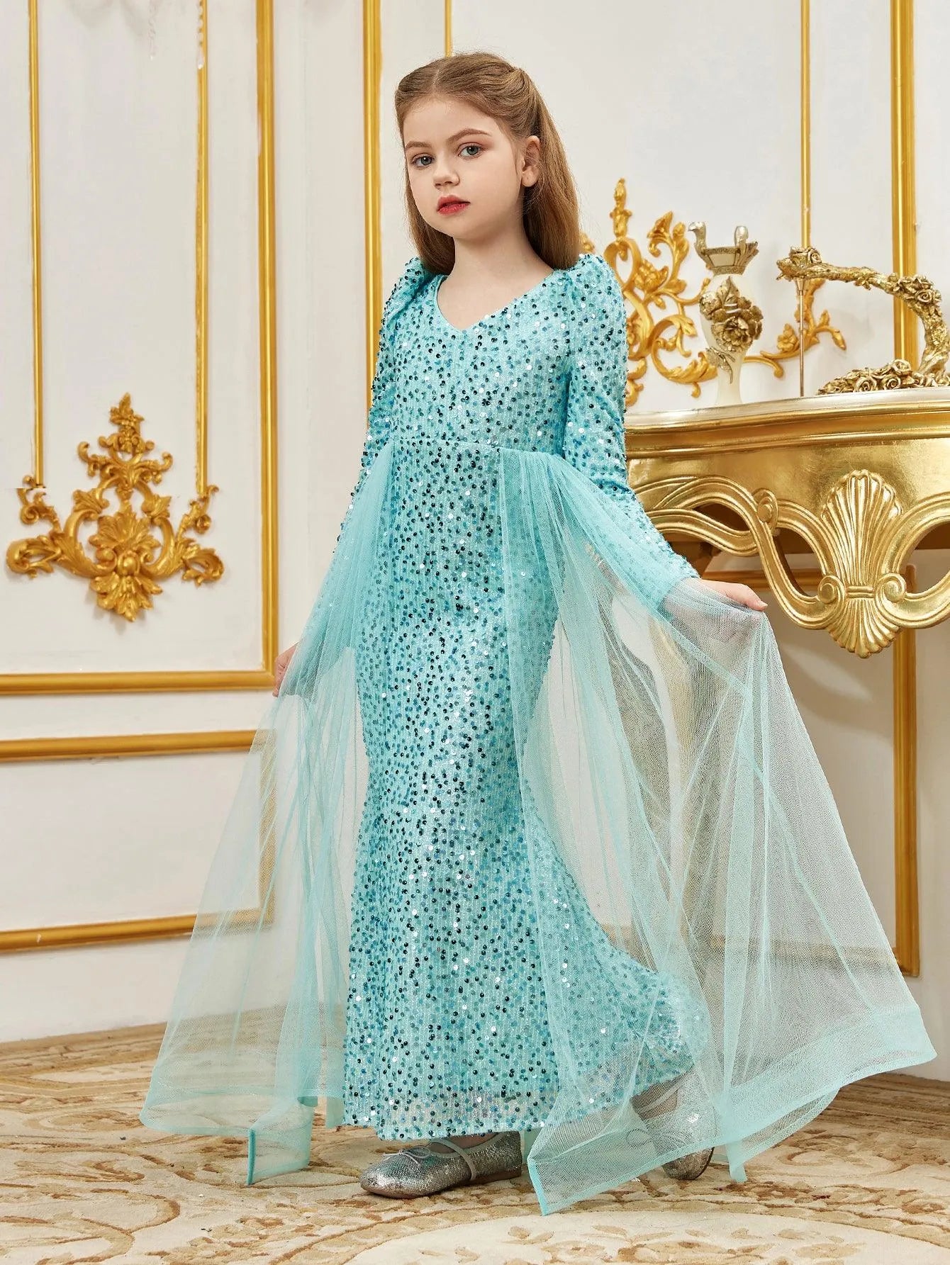 Tween Girls' Long Sleeves Mesh Overlay Sequin Mermaid Dress - Elonnashop