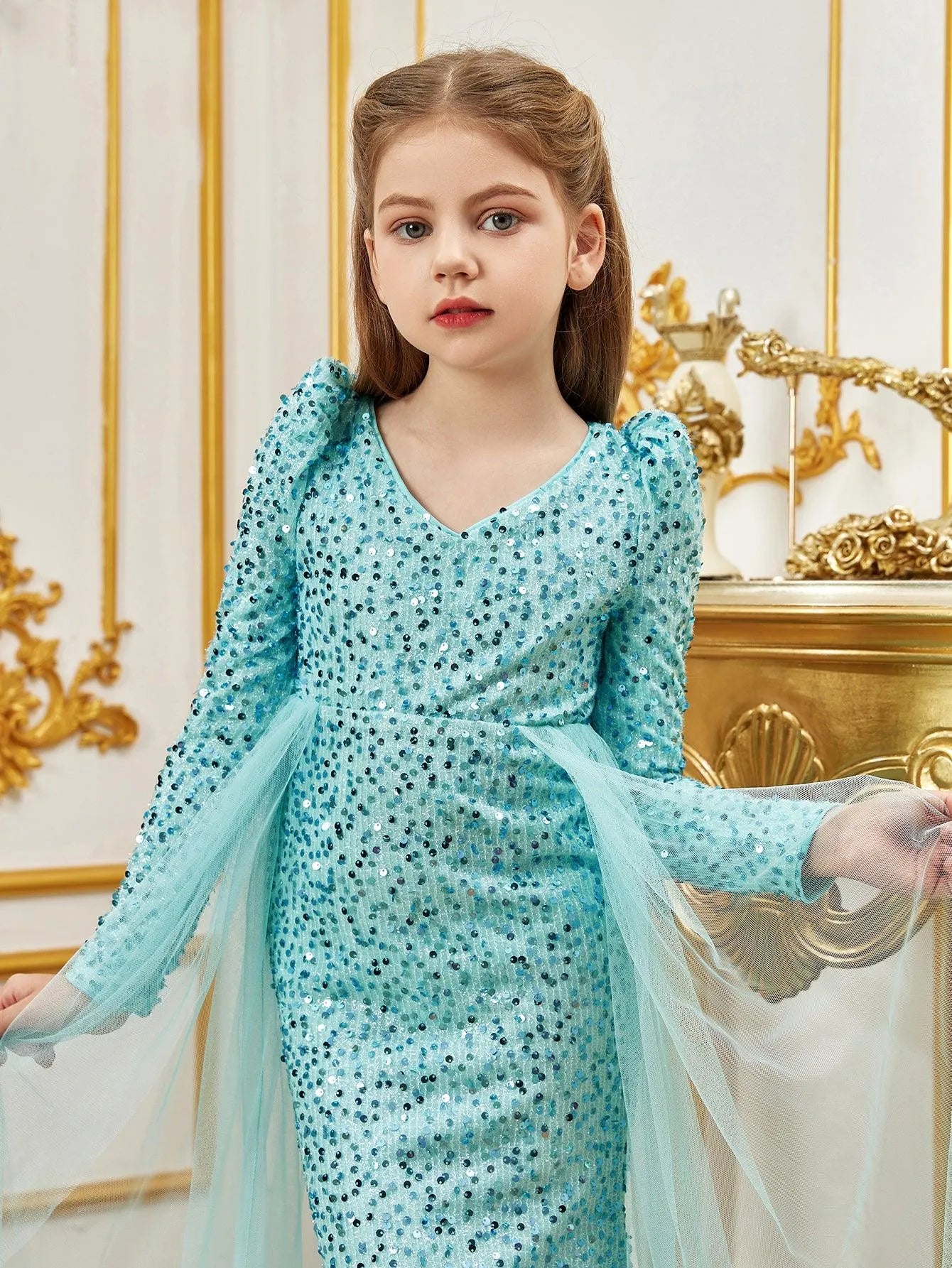 Tween Girls' Long Sleeves Mesh Overlay Sequin Mermaid Dress - Elonnashop