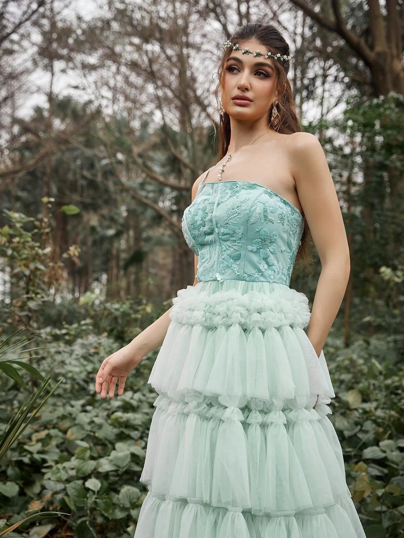 Luxury One Shoulder Floral Sequin Bodice Layered Tulle Hem Prom Dress - Elonnashop