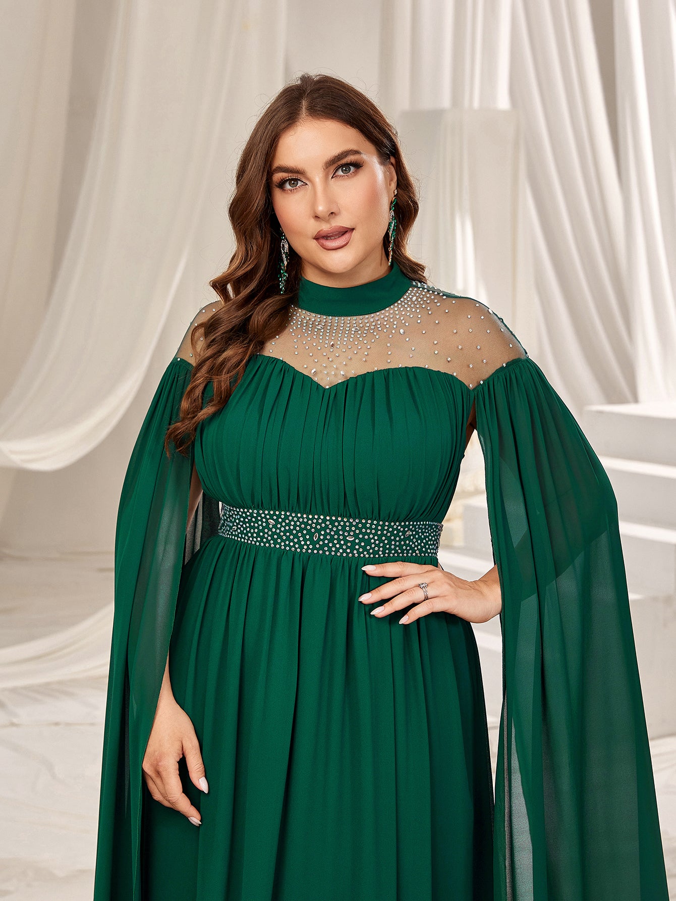 Plus Dramatic Cape Evening Dress | High Neck Chiffon with Rhinestone Details