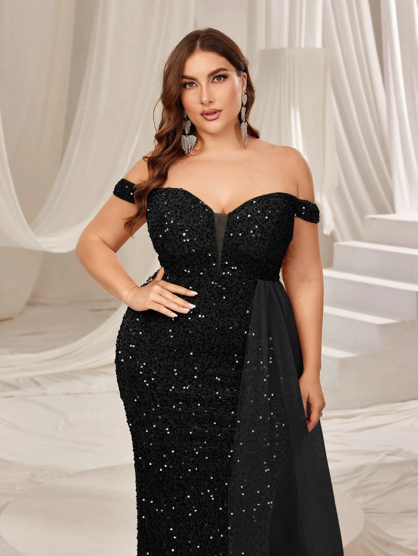 Plus Off Shoulder Split Thigh Sequin Formal Party Dress - Elonnashop