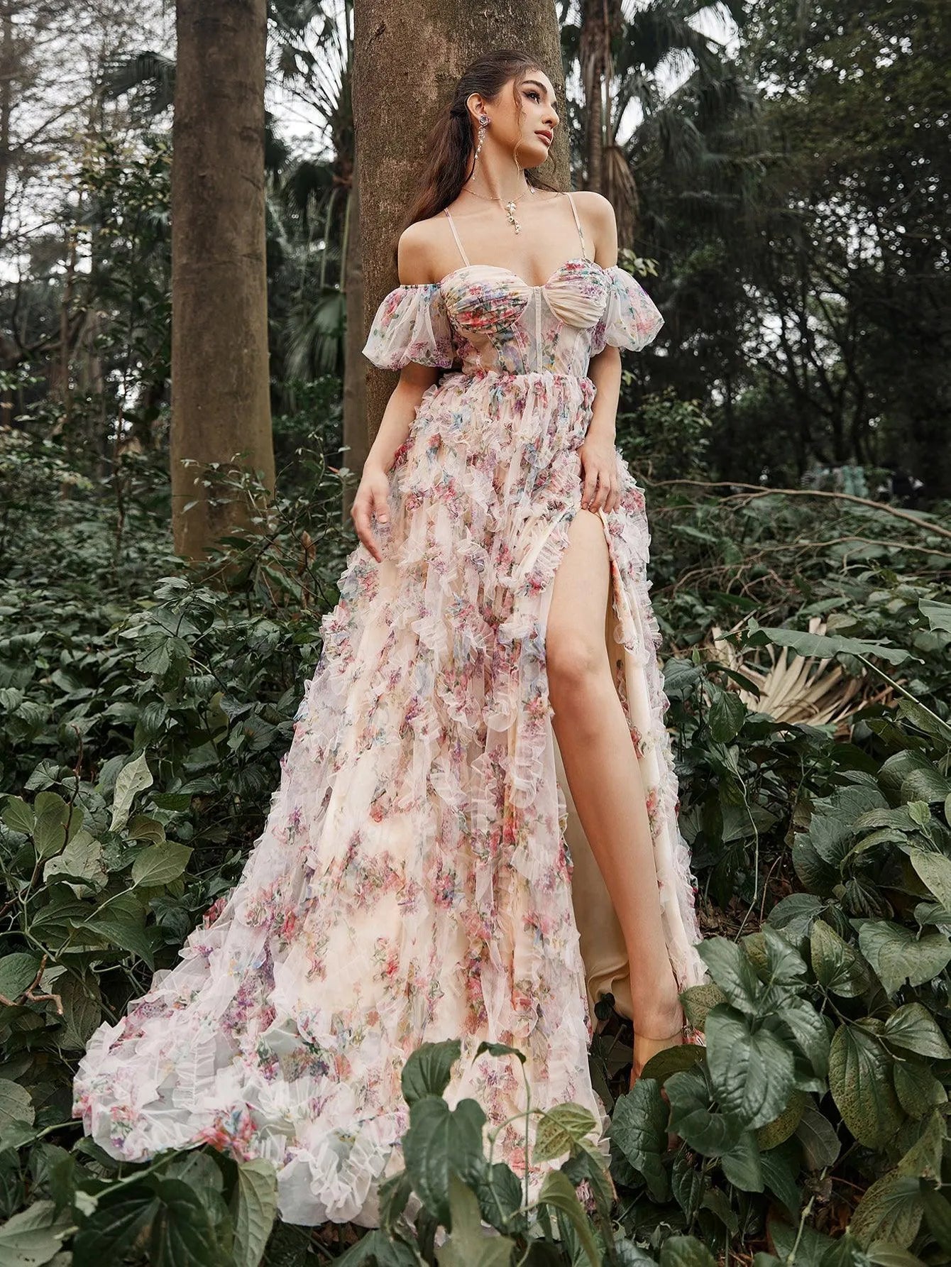 Floral Tulle Off Shoulder Puff Sleeves Slip Prom Dress - Elonnashop