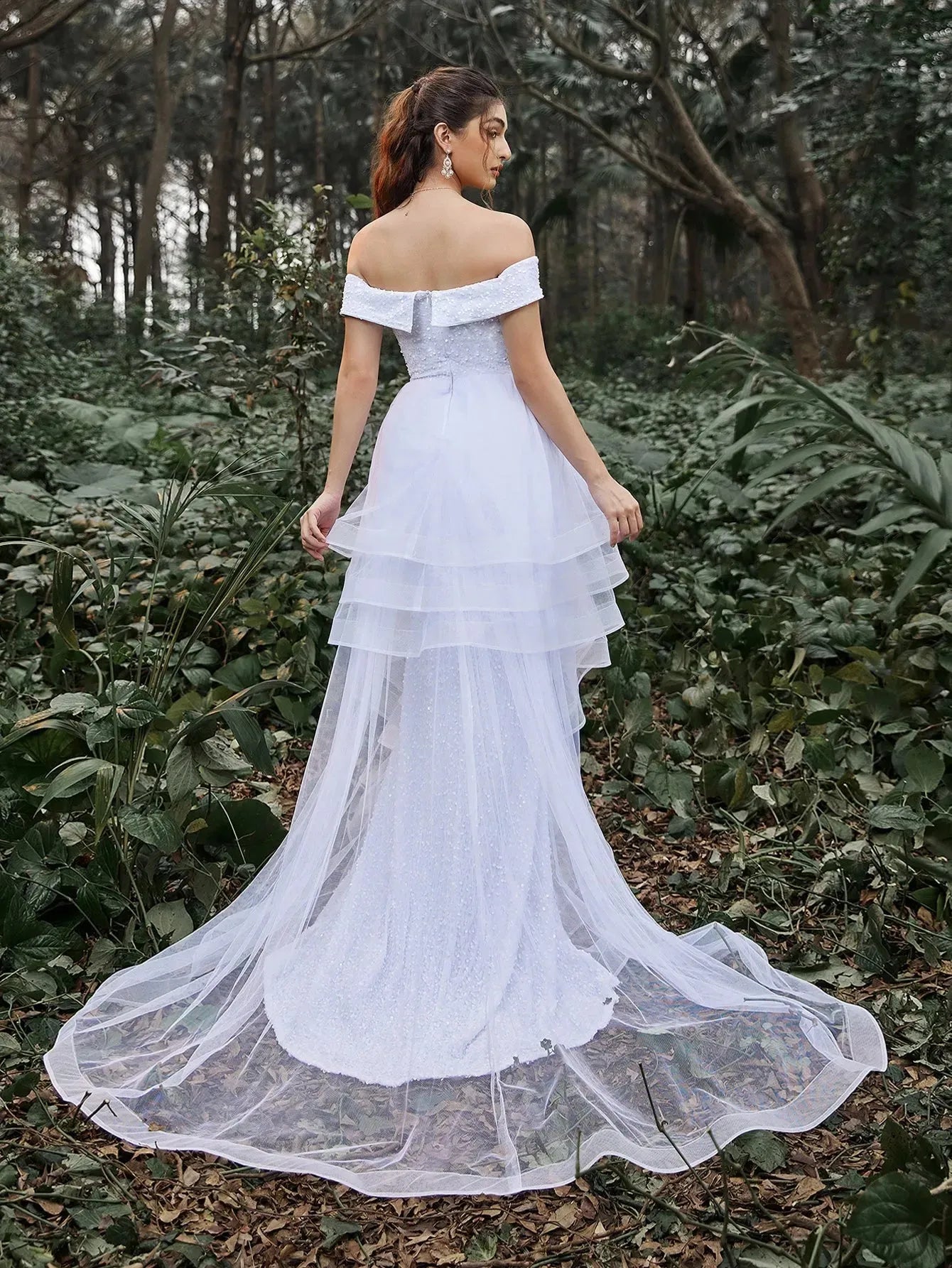 Gorgeous Off Shoulder Asymmetrical Tulle Overlay Sequin Wedding Dress