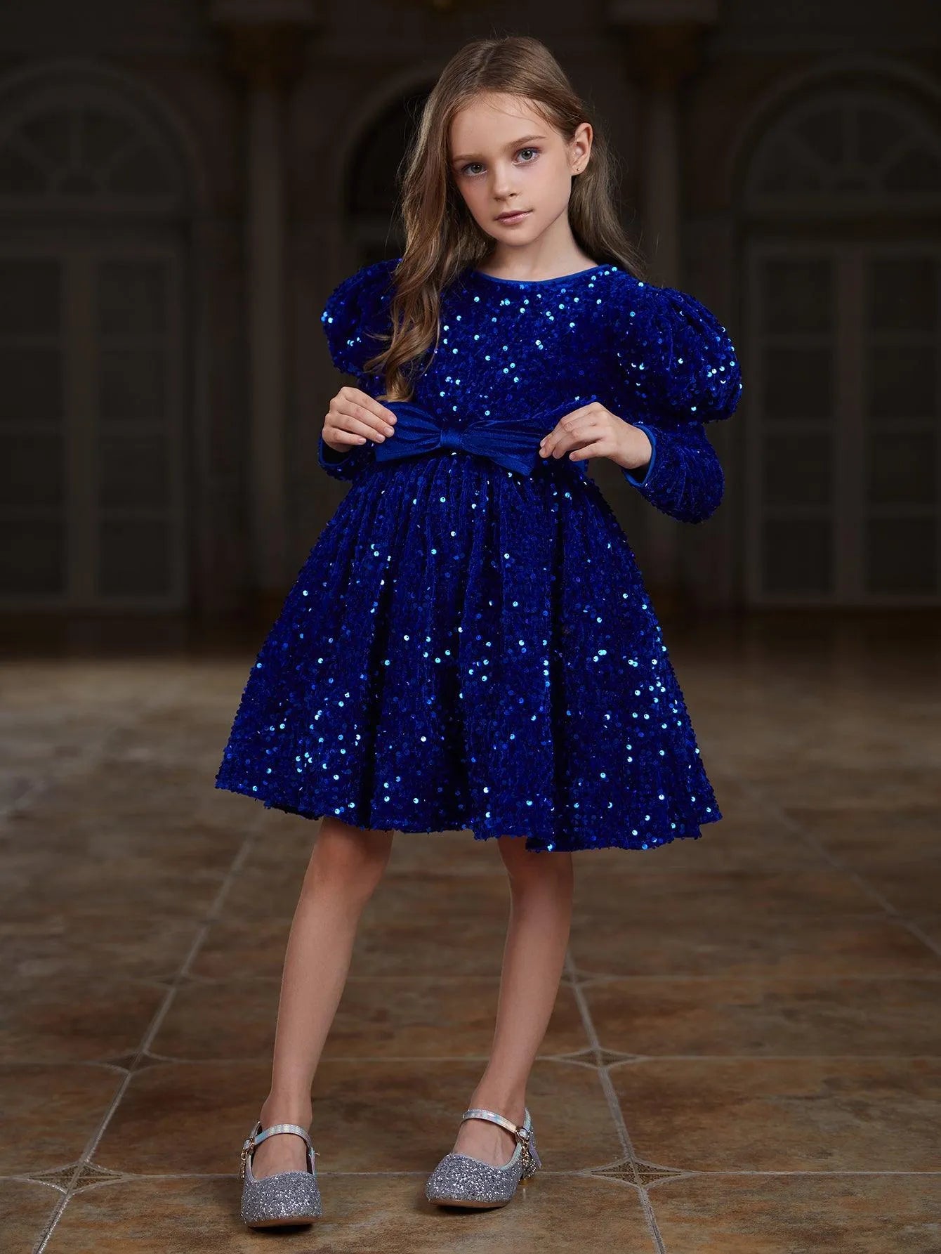 Tween Girls' Gigot Sleeve Bow Decor Sequin Midi Dress - Elonnashop