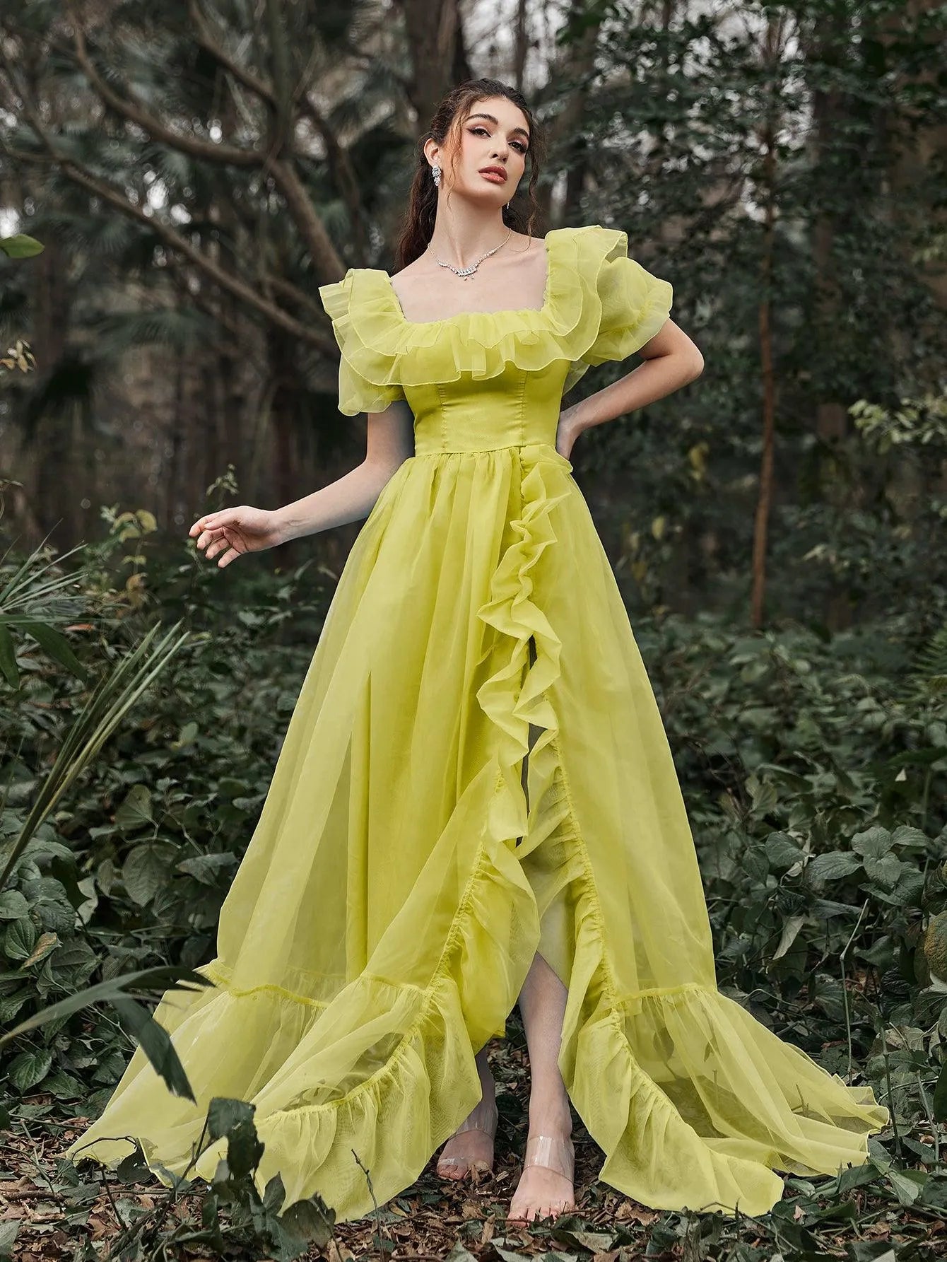 Elegant Ruffle Trim Puff Sleeves Organza Dress - Elonnashop