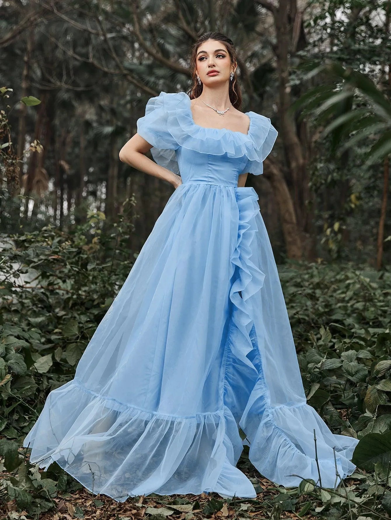 Elegant Ruffle Trim Puff Sleeves Organza Dress - Elonnashop