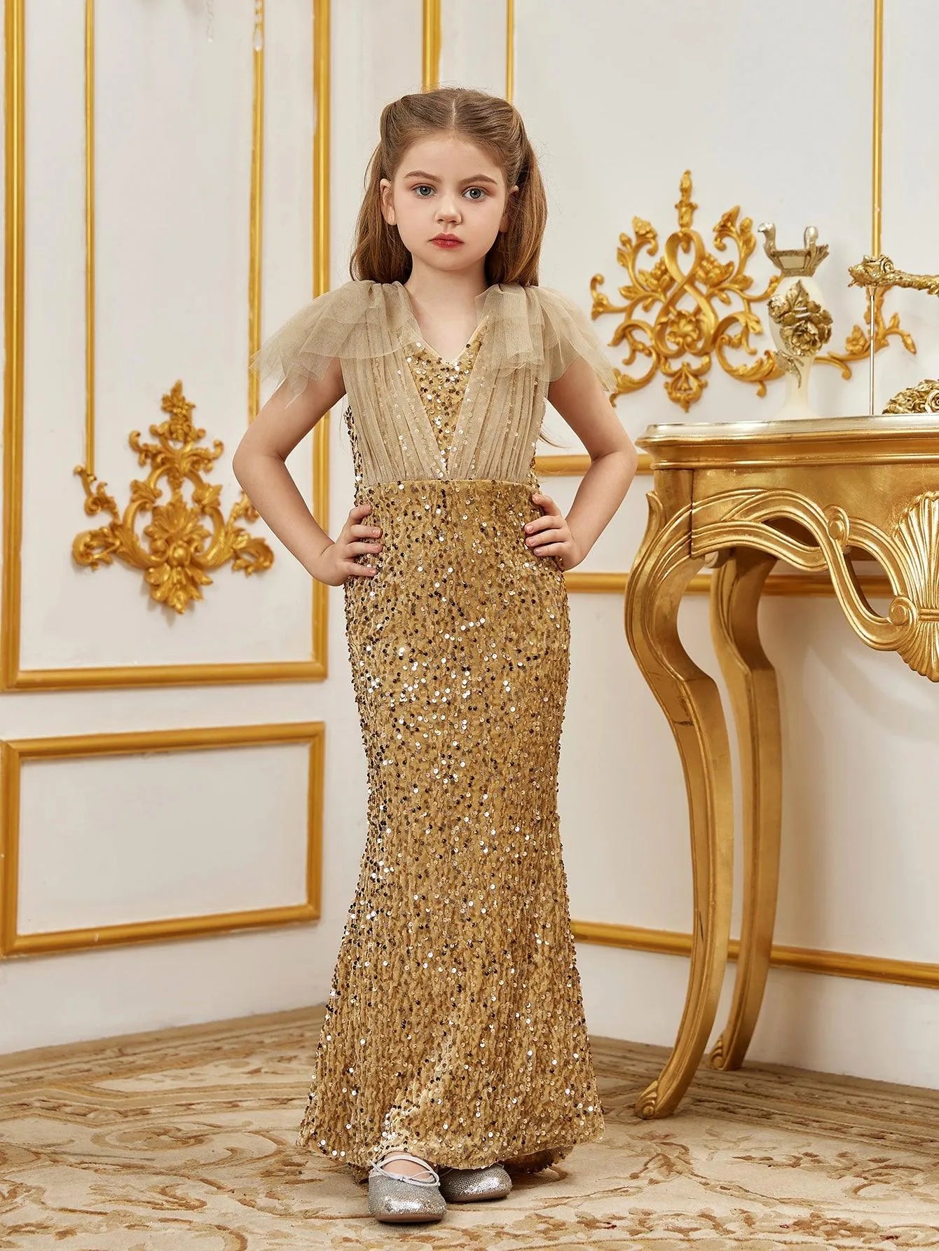 Tween Girls' Cloak Sleeves Sequin Mermaid Hem Dress - Elonnashop