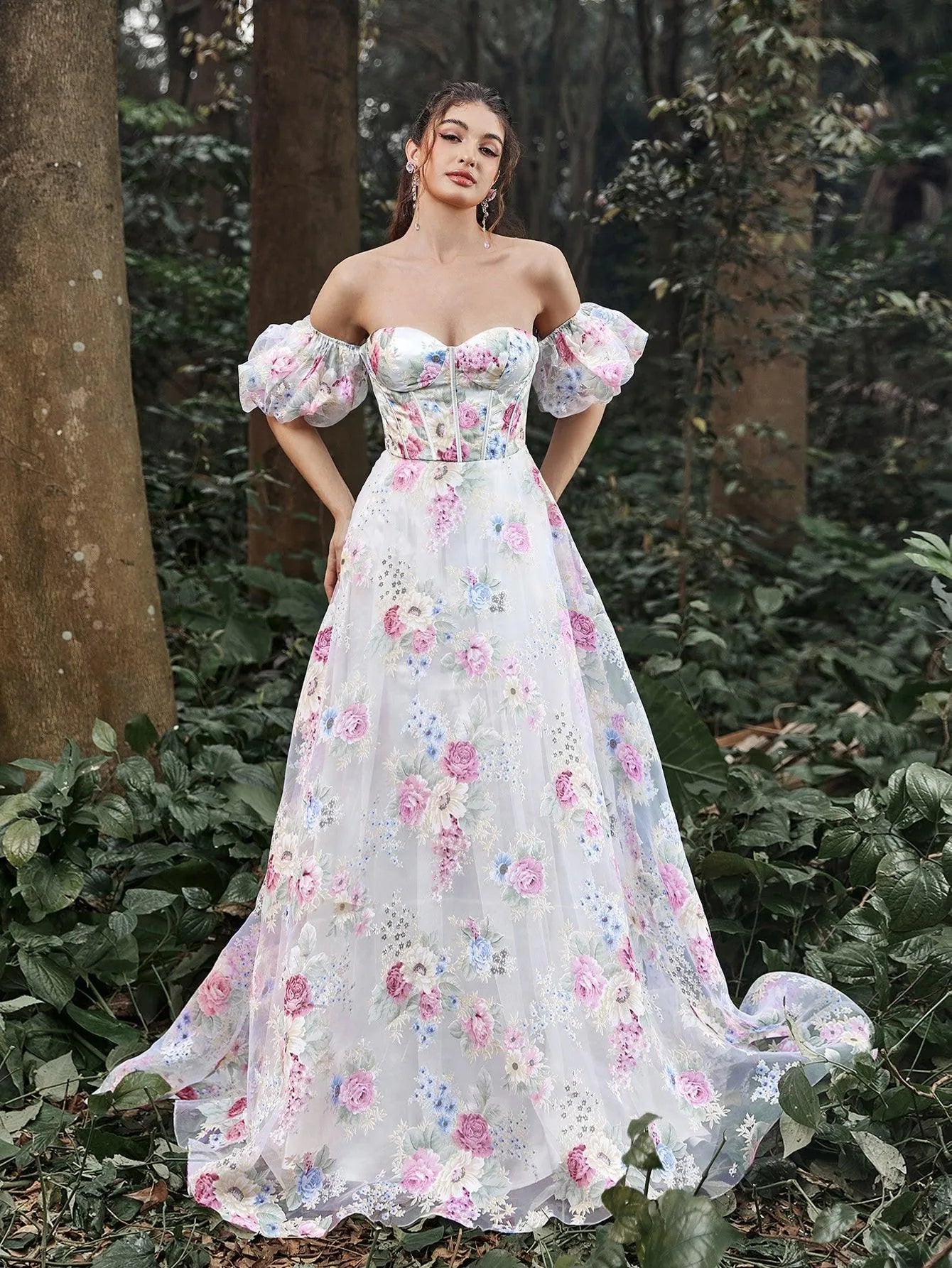 Elegant Off Shoulder Puff Sleeves Floral Printed Organza Prom Dress - Elonnashop