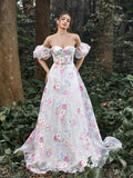 Elegant Off Shoulder Puff Sleeves Floral Printed Organza Prom Dress - Elonnashop