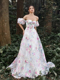 Elegant Off Shoulder Puff Sleeves Floral Printed Organza Prom Dress - Elonnashop