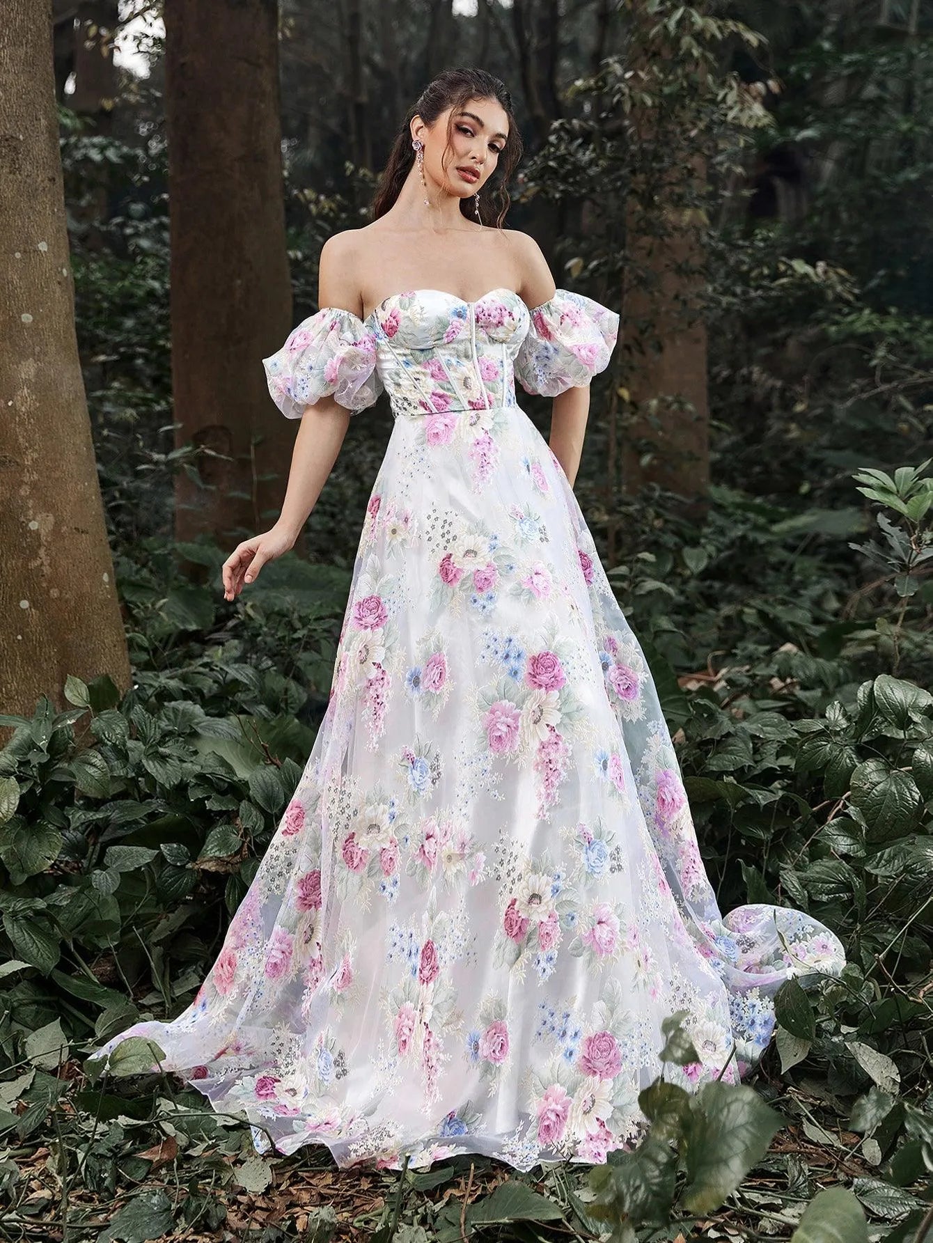 Elegant Off Shoulder Puff Sleeves Floral Printed Organza Prom Dress - Elonnashop