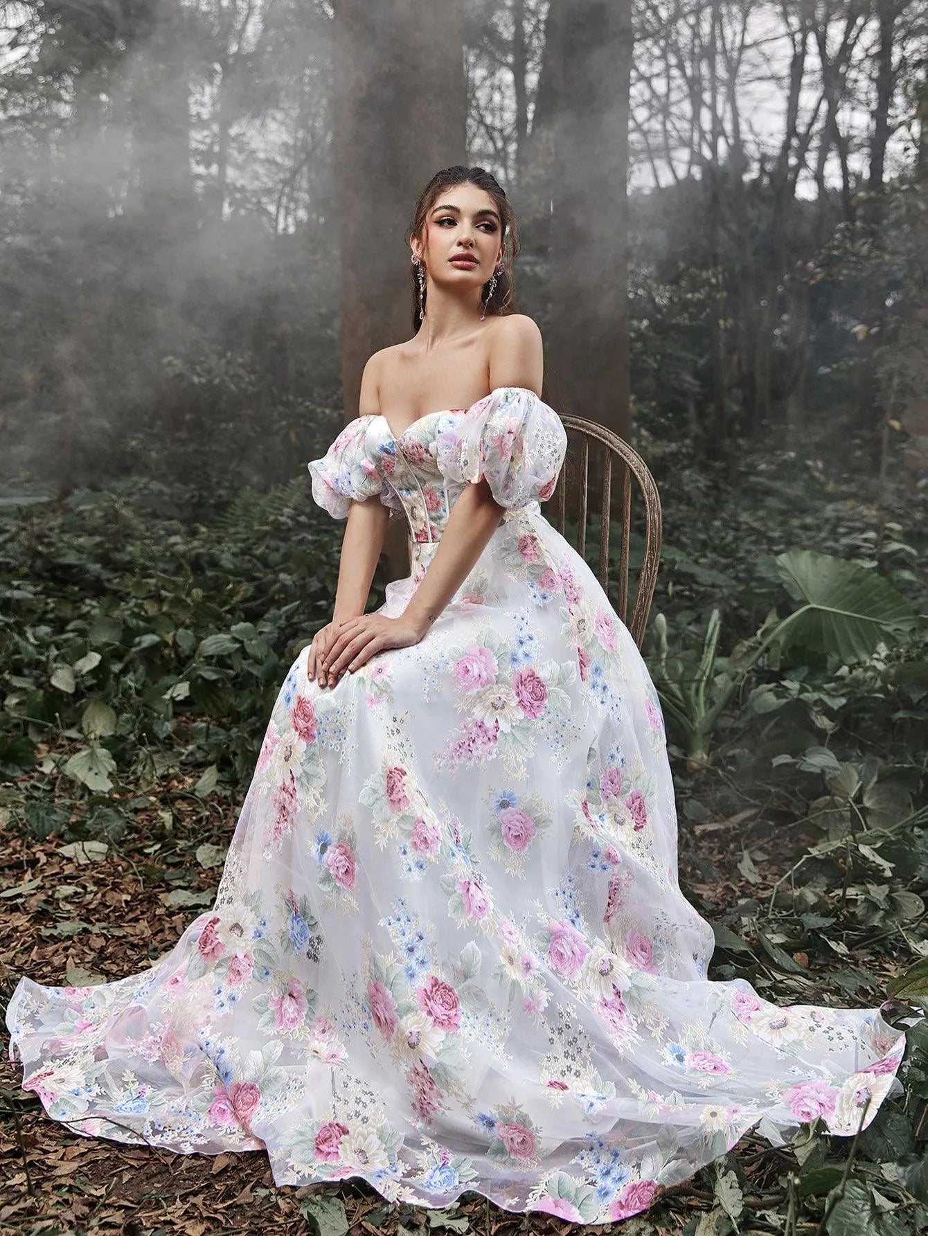 Elegant Off Shoulder Puff Sleeves Floral Printed Organza Prom Dress - Elonnashop