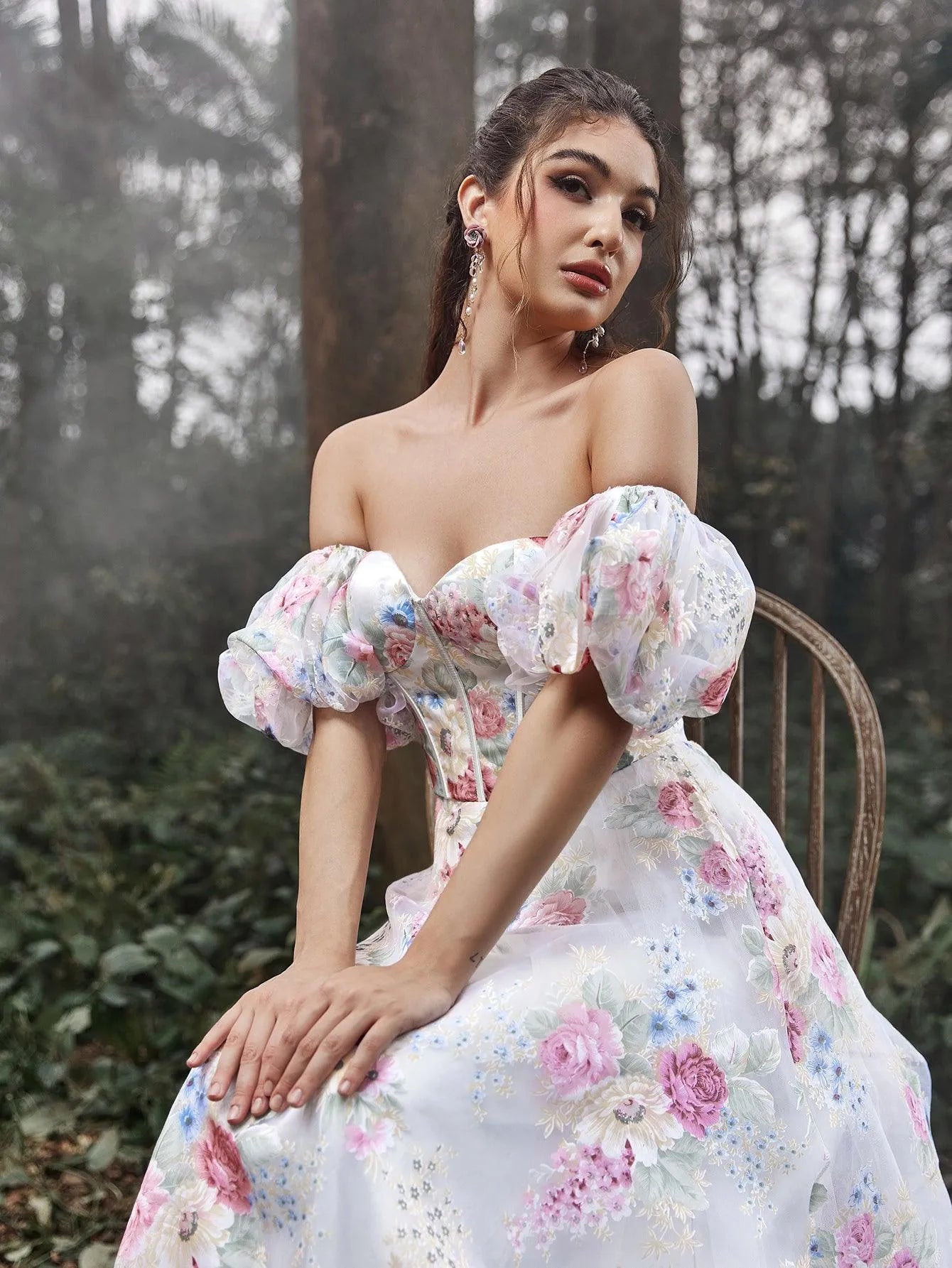 Elegant Off Shoulder Puff Sleeves Floral Printed Organza Prom Dress - Elonnashop