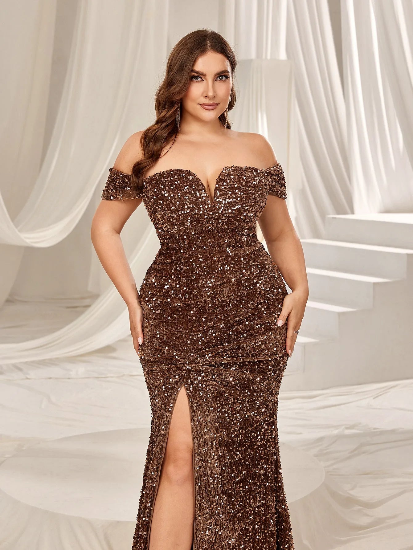 Plus Off Shoulder Split Thigh Mermaid Hem Sequin Formal Evening Dress