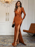 Elegant V Neck Long Sleeve Split Thigh Formal Dress - Elonnashop