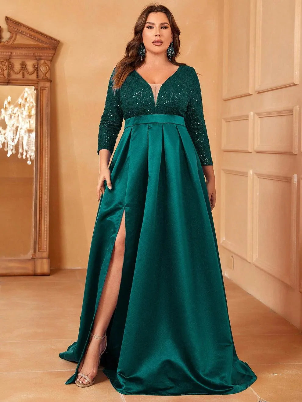 Plus Deep V Neck 3/4 Sleeve Slit A Line Prom Dress - Elonnashop