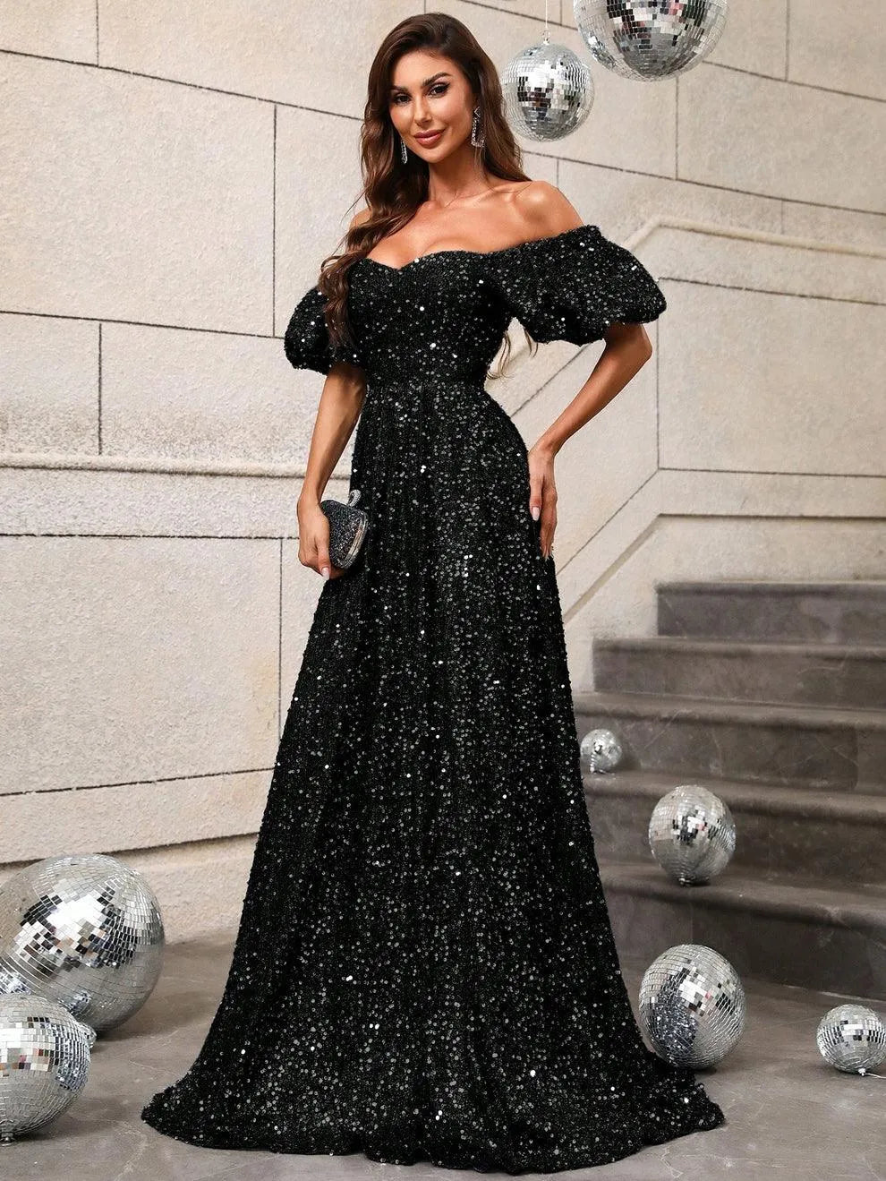 Elegant Off Shoulder Puff Sleeves Sequin A Line Dress - Elonnashop