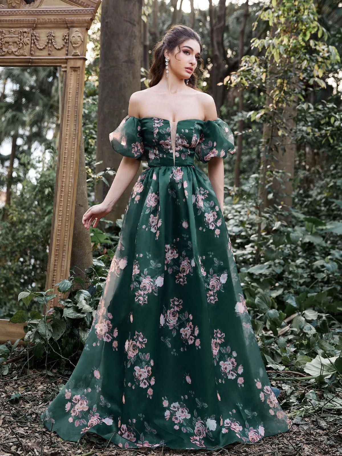 Gorgeous Off Shoulder Puff Sleeves Floral Organza Prom Dress - Elonnashop