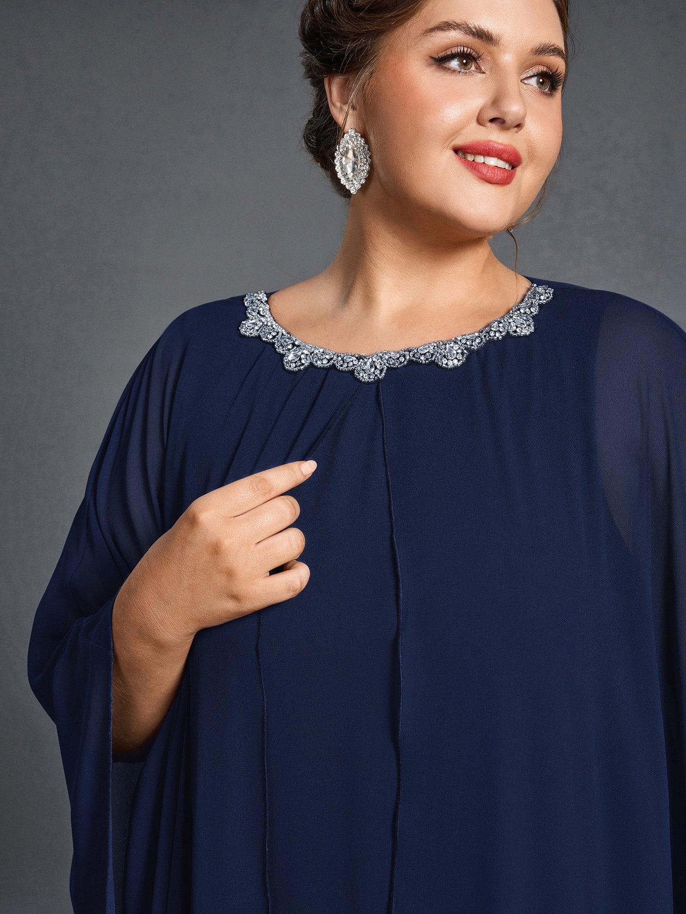 Plus Womens' Embellished Round -Neck Formal Dress with Sheer Chiffon Cape Sleeves