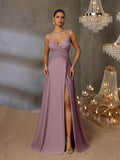 Solid V Neck Split Thigh Cami Bridesmaid Dress
