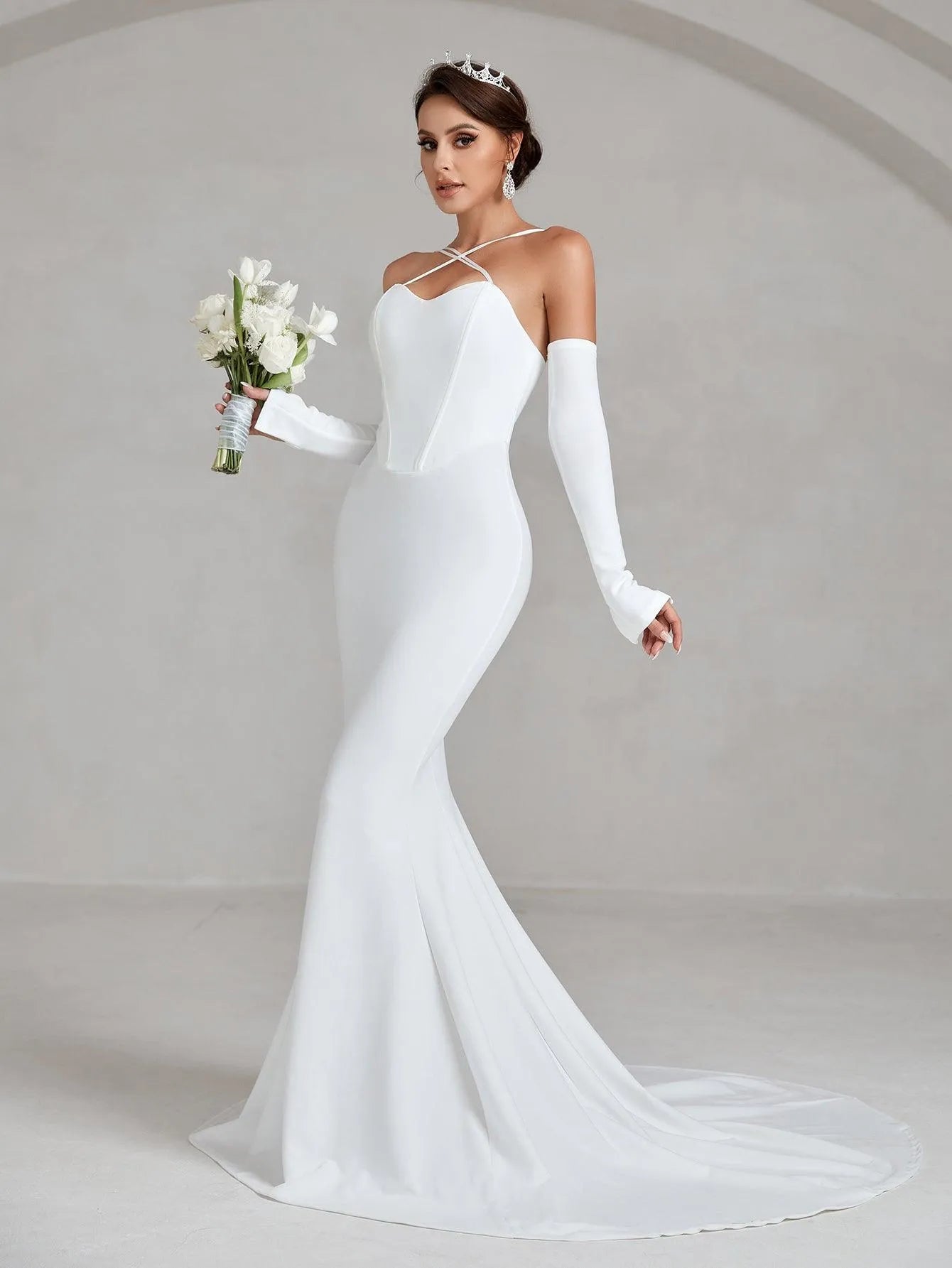 Crisscross Halter Neck Mermaid Hem Wedding Dress - Elonnashop