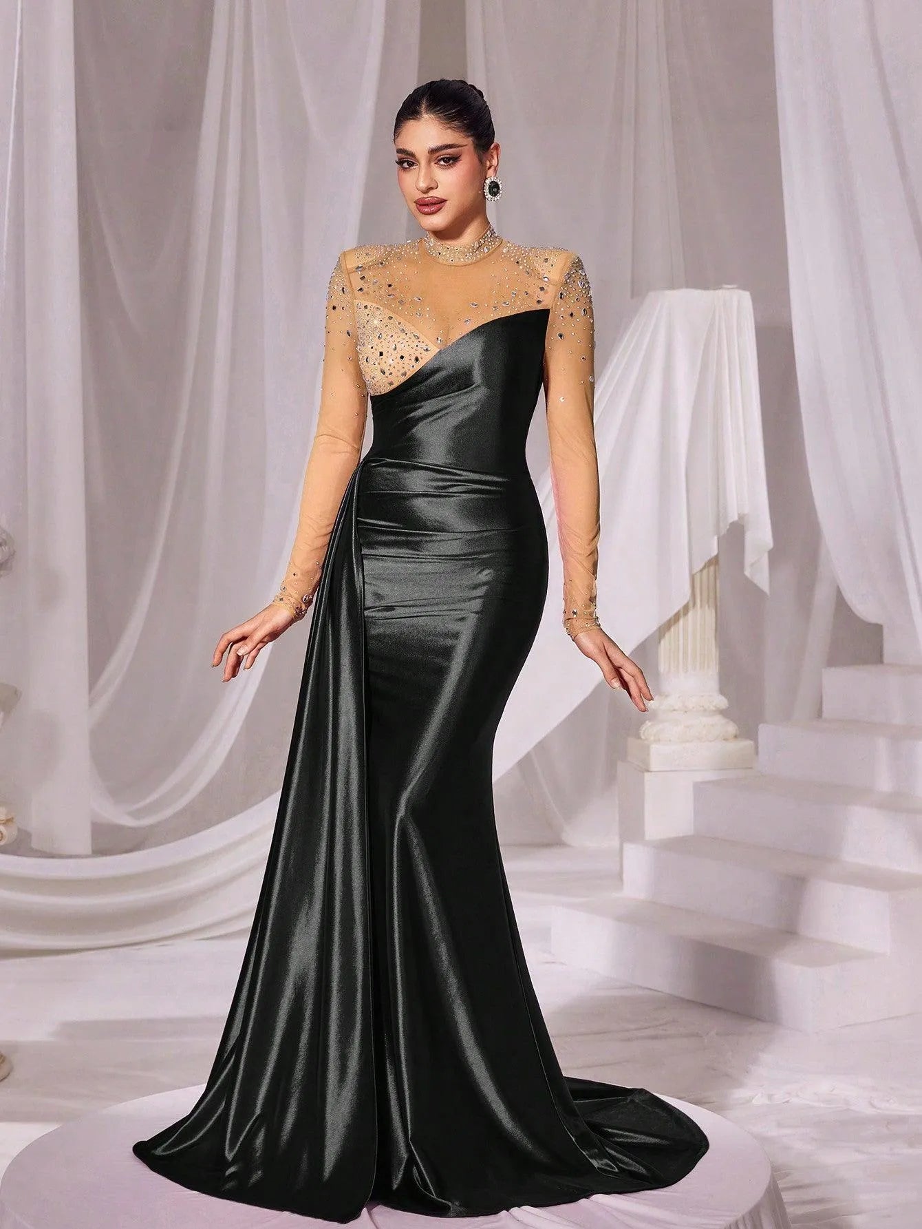 Rhinestone Detail Mock Neck Satin Mermaid Prom Dress - Elonnashop