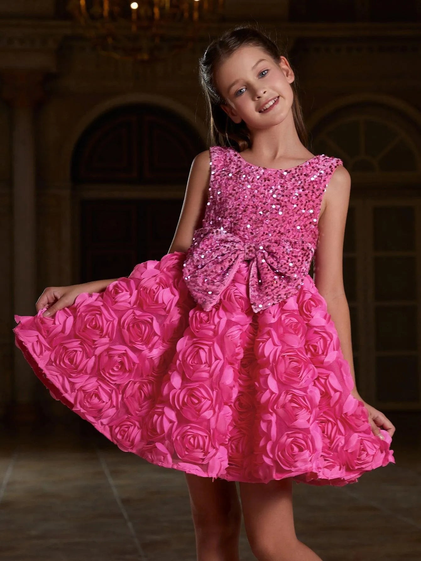 Tween Girls' Cute Applique Contrast Sequin Party Dress - Elonnashop