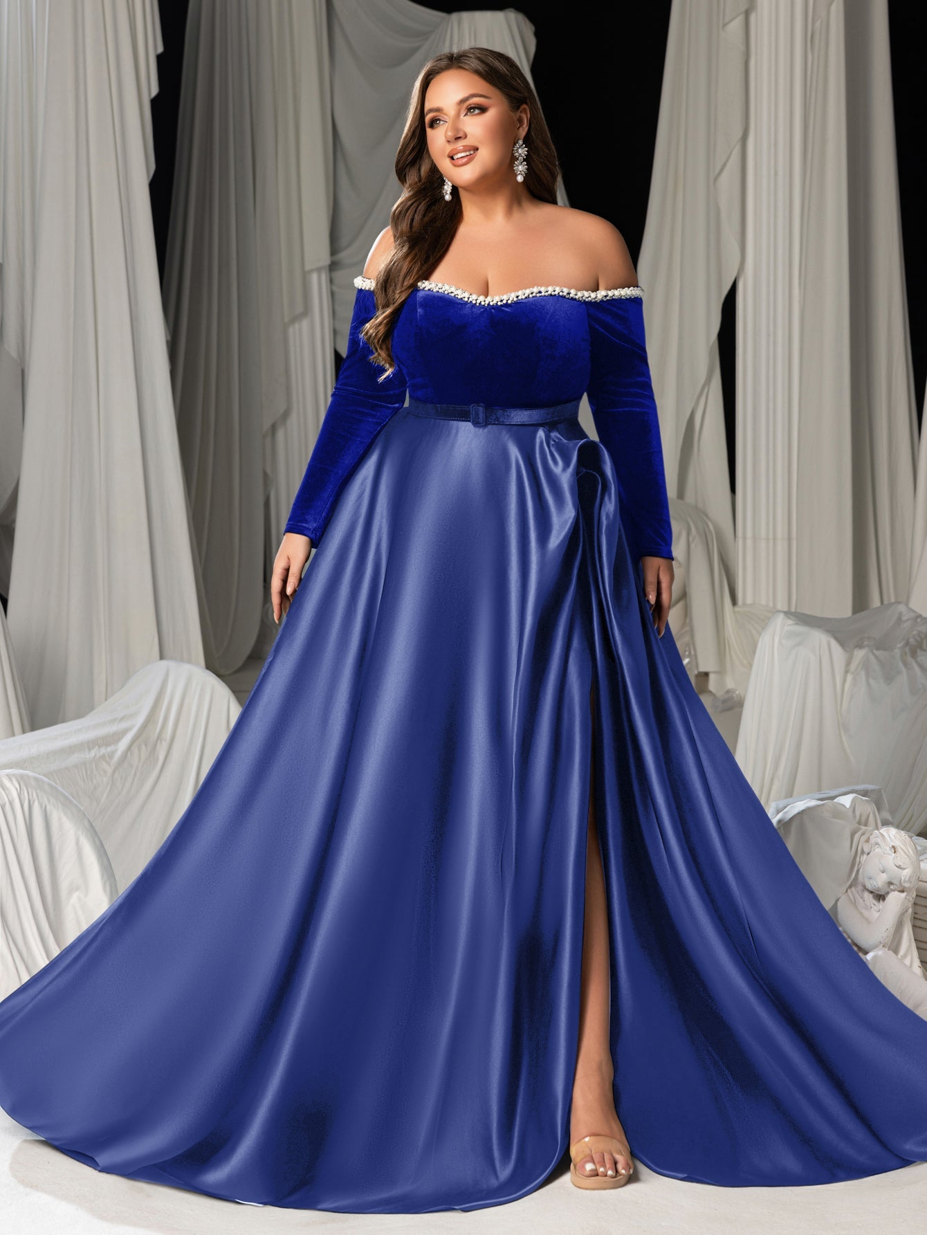 Plus Women's Pearl Accented Off-The-Shoulder Formal Gown | Long Sleeves | Defined Waist Belt | Full Flared Skirt