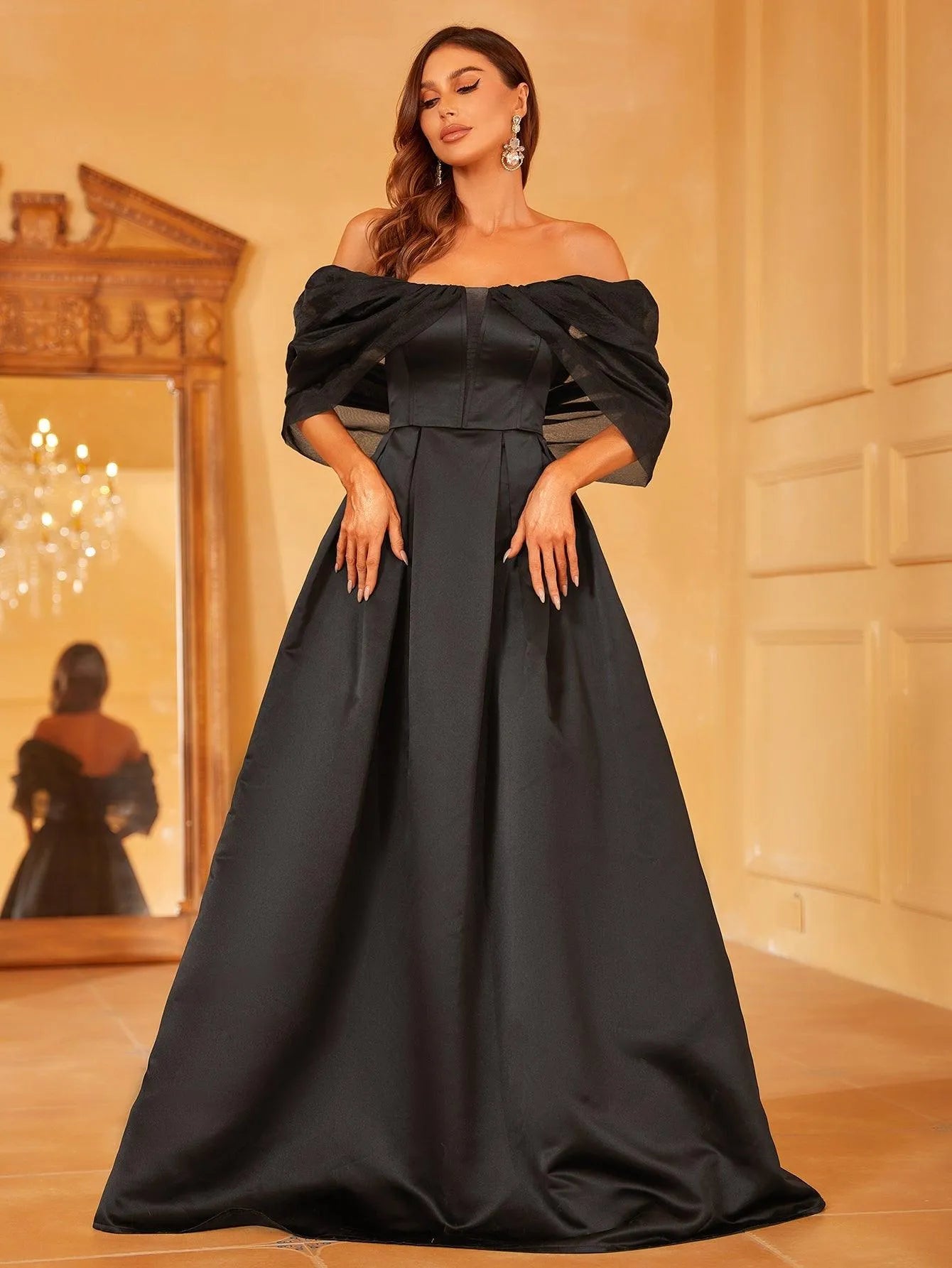 Off Shoulder Contrast Mesh Satin Formal Dress - Elonnashop