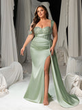 Plus Asymmetrical Neck Split Thigh Satin Mermaid Dress Evening Dress